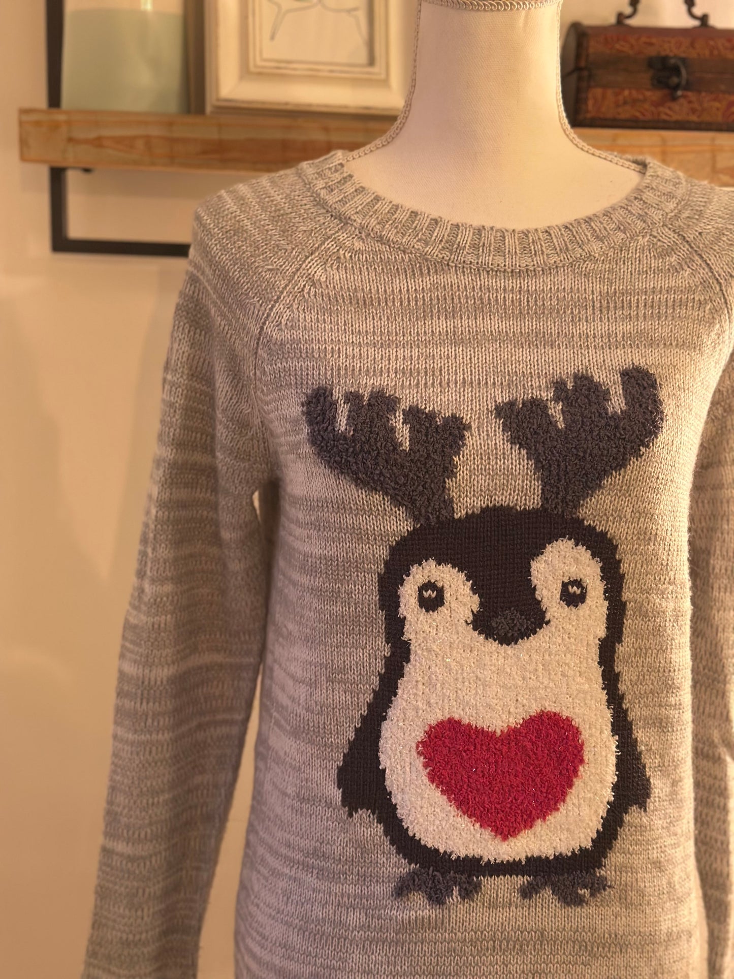Pull gris motif pingouin Noël T.38
