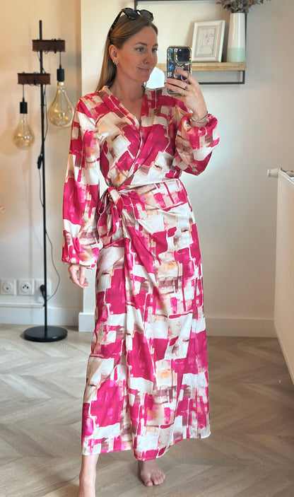 Robe portefeuille imprimé coloré rose et écru T.U