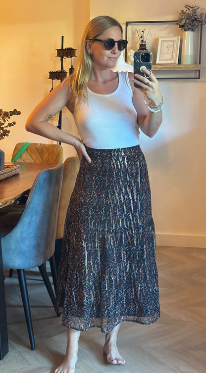 Jupe midi imprimée à fils lurex dorés T.44