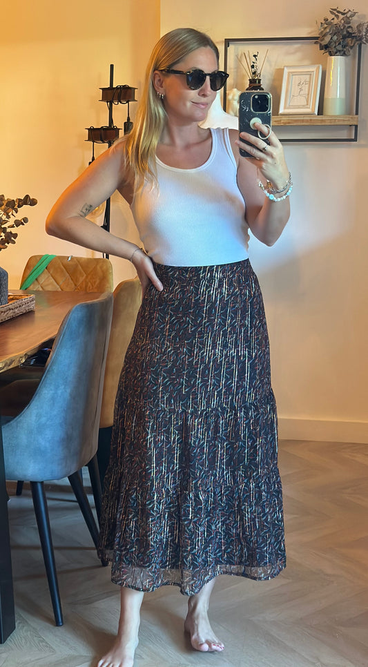 Jupe midi imprimée à fils lurex dorés T.44