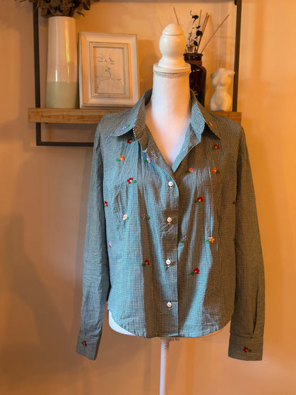 Chemise vintage vichy vert à fleurs brodées – Fabriquée en France T.U