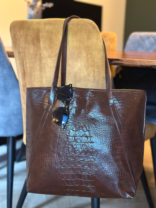 Grand sac cabas effet croco marron
