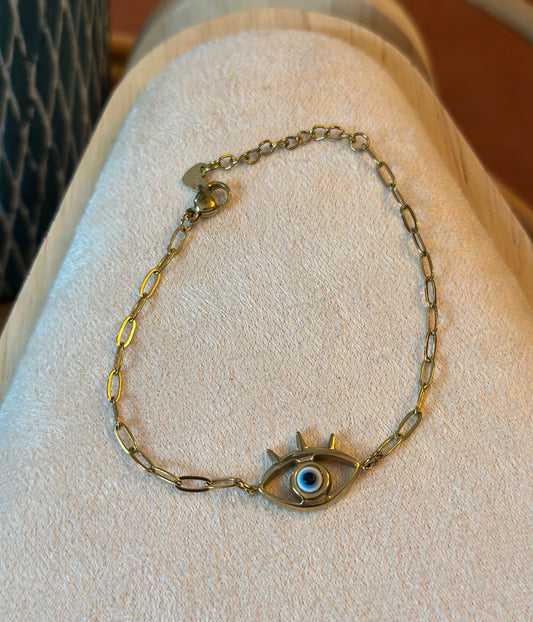 Bracelet œil protecteur doré – Acier inoxydable – Chaîne à maillons – Neuf