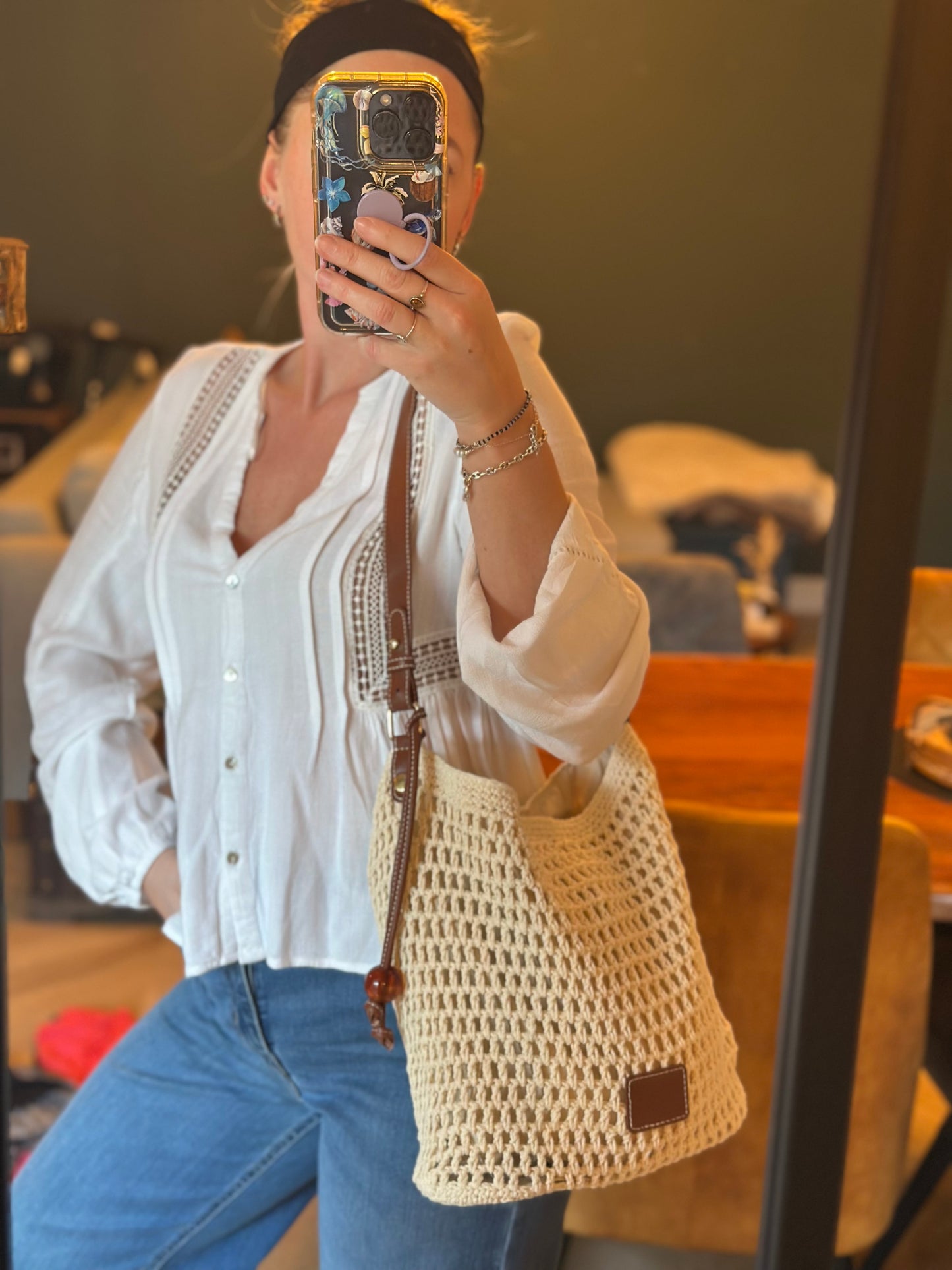 Sac bandoulière tressé crème et marron – Neuf