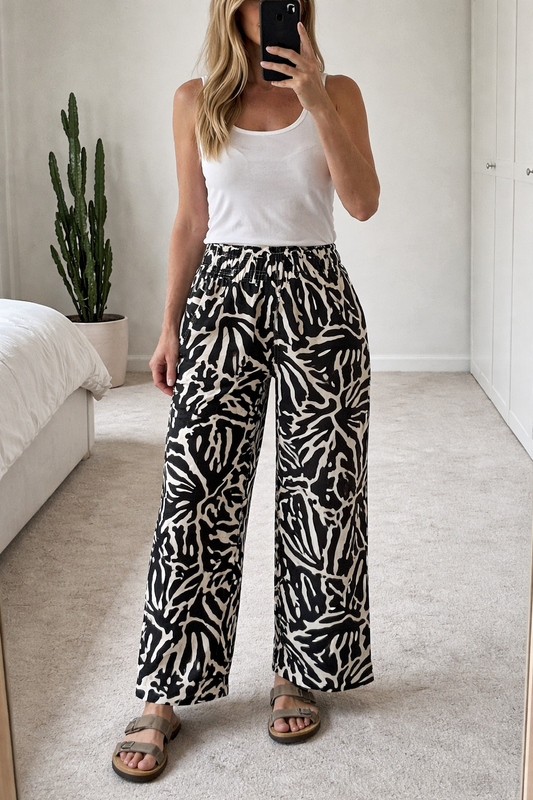 Pantalon large imprimé graphique en lin T.34