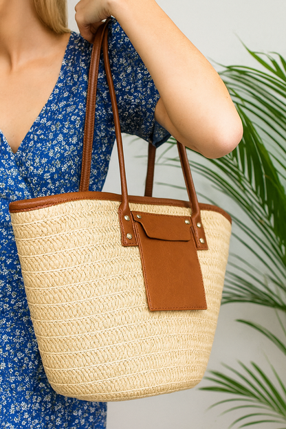 Sac cabas paille tressée effet cuir brun – Neuf