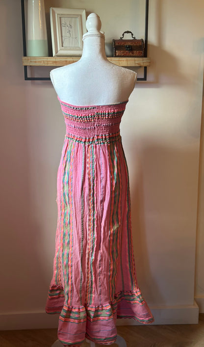 Robe longue bustier rayures multicolores en gaze de coton T.U