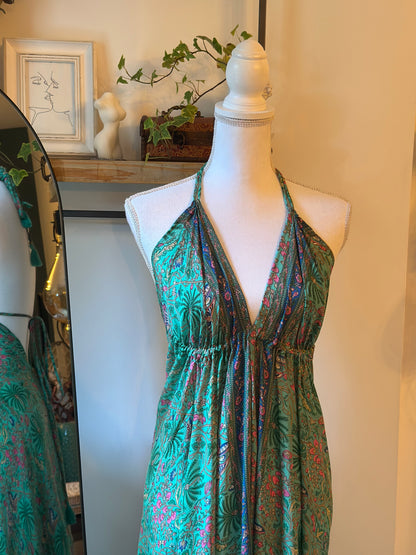 Robe longue imprimé fleuri, dos nu, en soie T.U