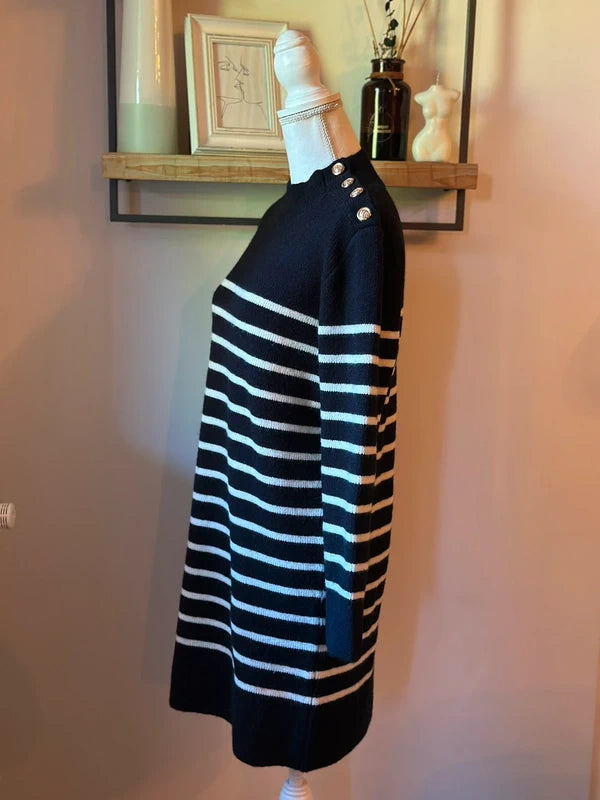 Robe pull marinière noire et écrue boutons dorés laine T.U