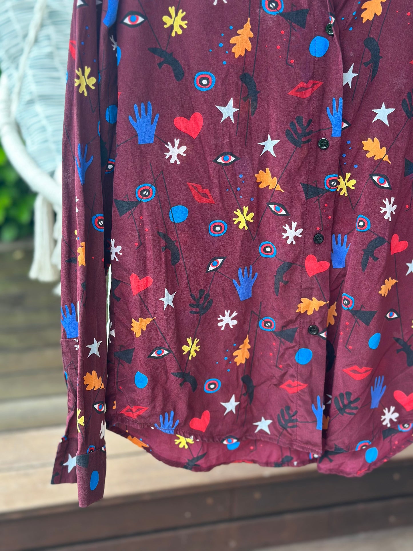 Chemise imprimée en soie bordeaux multicolore T.36