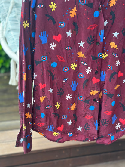 Chemise imprimée en soie bordeaux multicolore T.36
