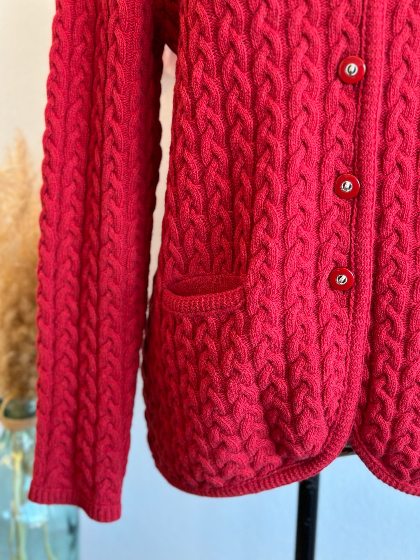 Cardigan rouge en laine, maille torsadée, Vintage T.38/40