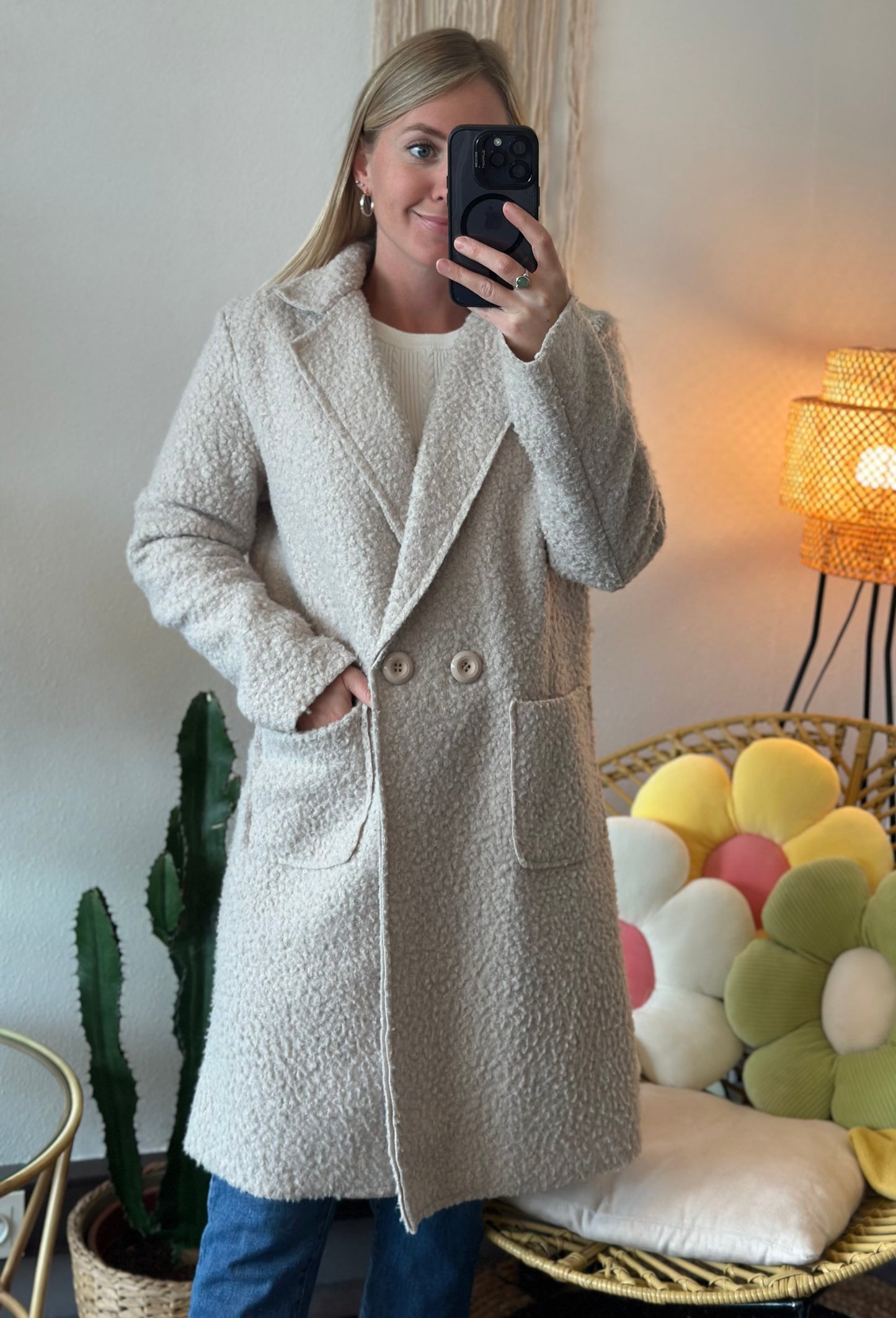 Manteau en bouclette teddy mi-long, couleur crème, T.36/38