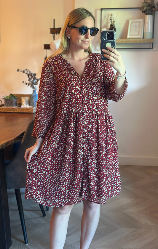 Robe fluide imprimé léopard bordeaux col V manches 3/4 T.42