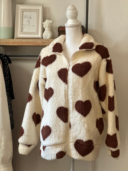 Veste teddy à cœurs marron neuf T.36/38 oversize