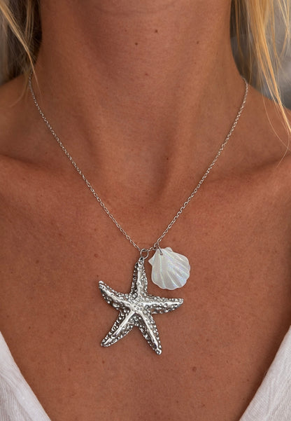 Collier étoile de mer argentée & coquillage nacré – Neuf
