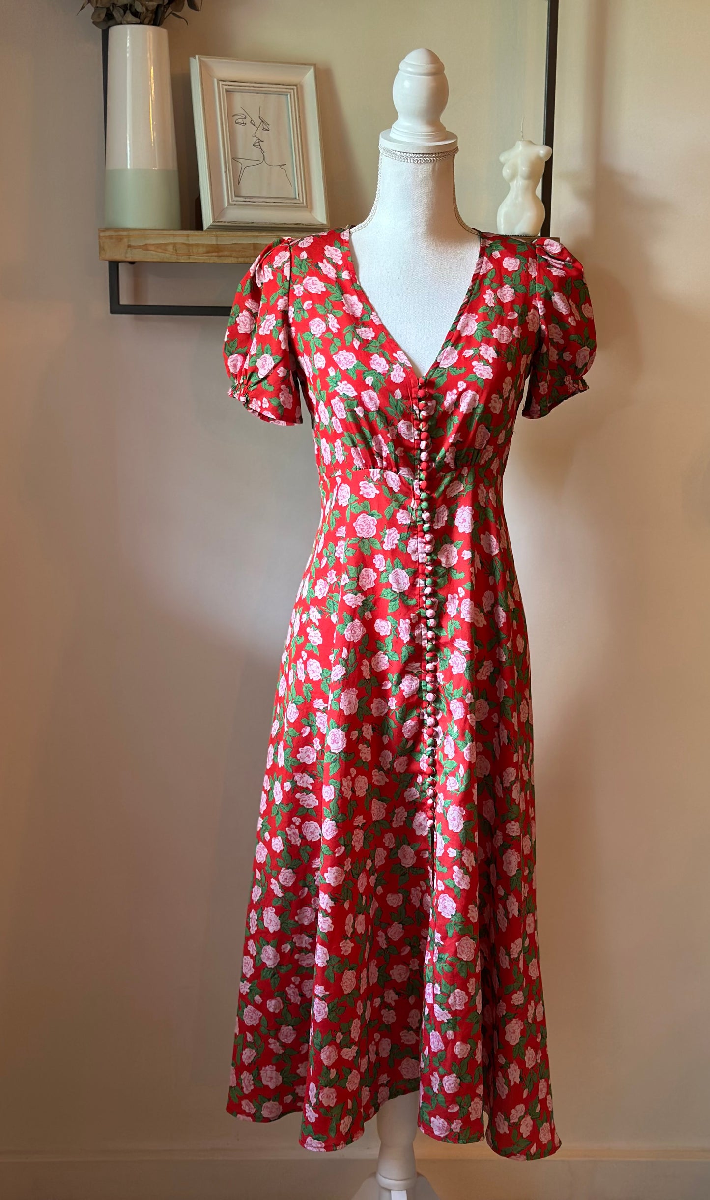 Robe longue fleurie rouge en soie T.36