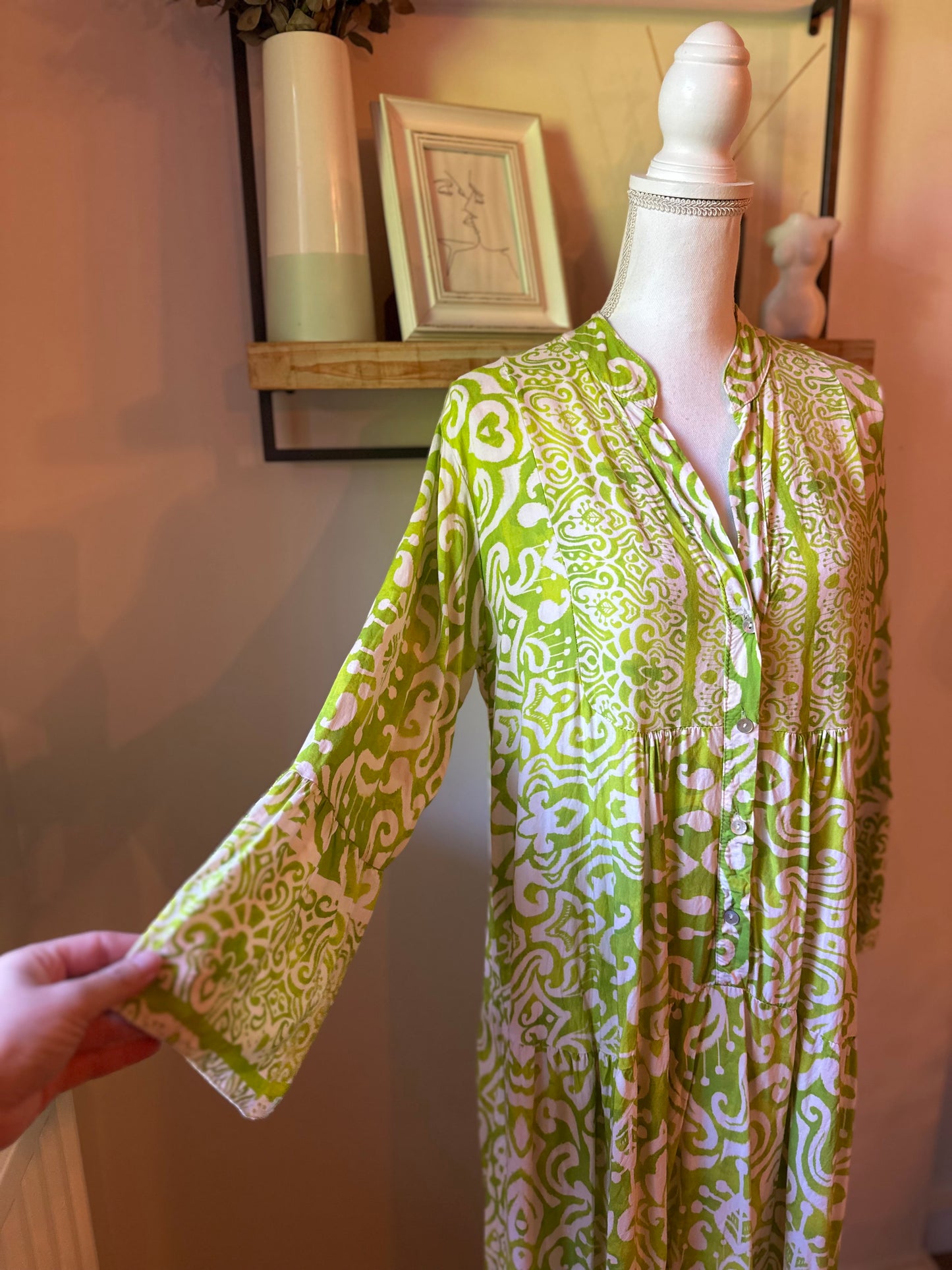 Robe longue bohème imprimé vert et blanc T.U