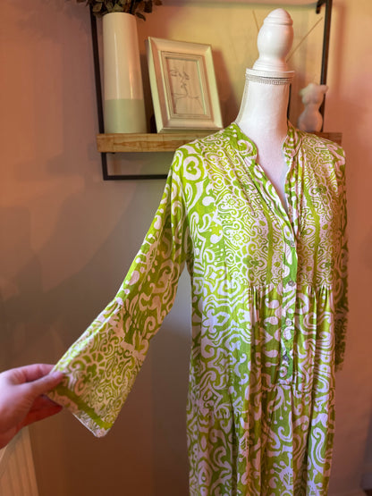 Robe longue bohème imprimé vert et blanc T.U