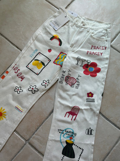 Pantalon jean blanc imprimé fleuri moderne Neuf T.34