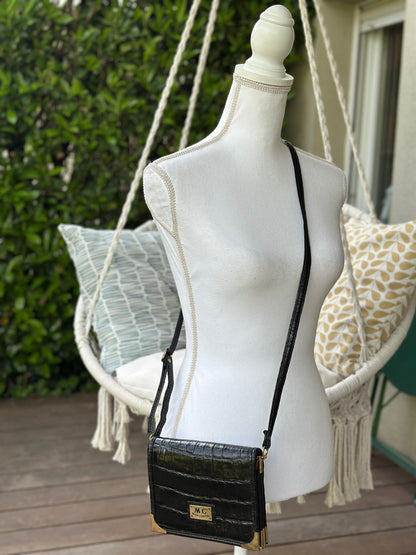 Sac bandoulière cuir noir effet croco vintage