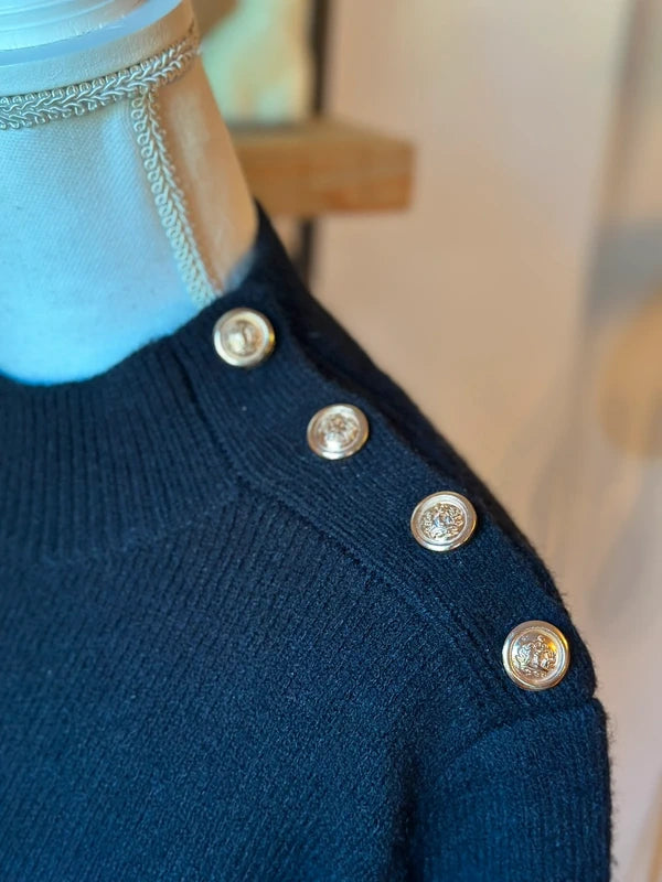 Robe pull marinière noire et écrue boutons dorés laine T.U