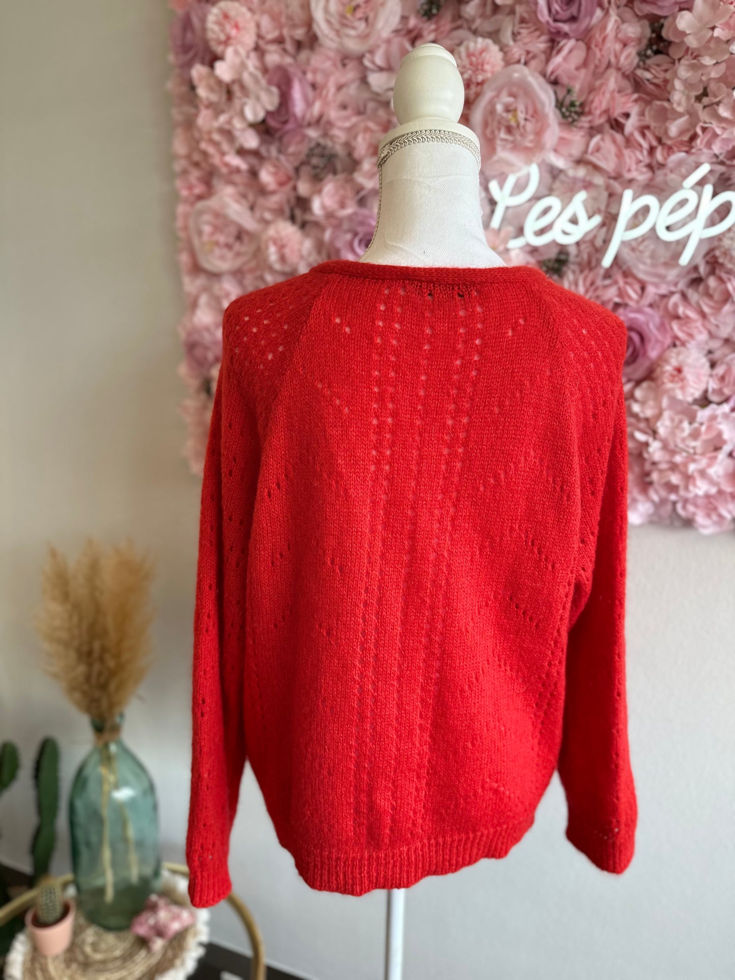 Cardigan en maille ajourée rouge mohair et laine T.U