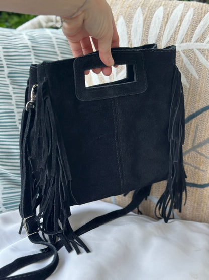 Sac à franges daim noir cuir Italie – bandoulière amovible
