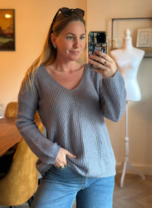 col V maille fine bleu lavande T.38