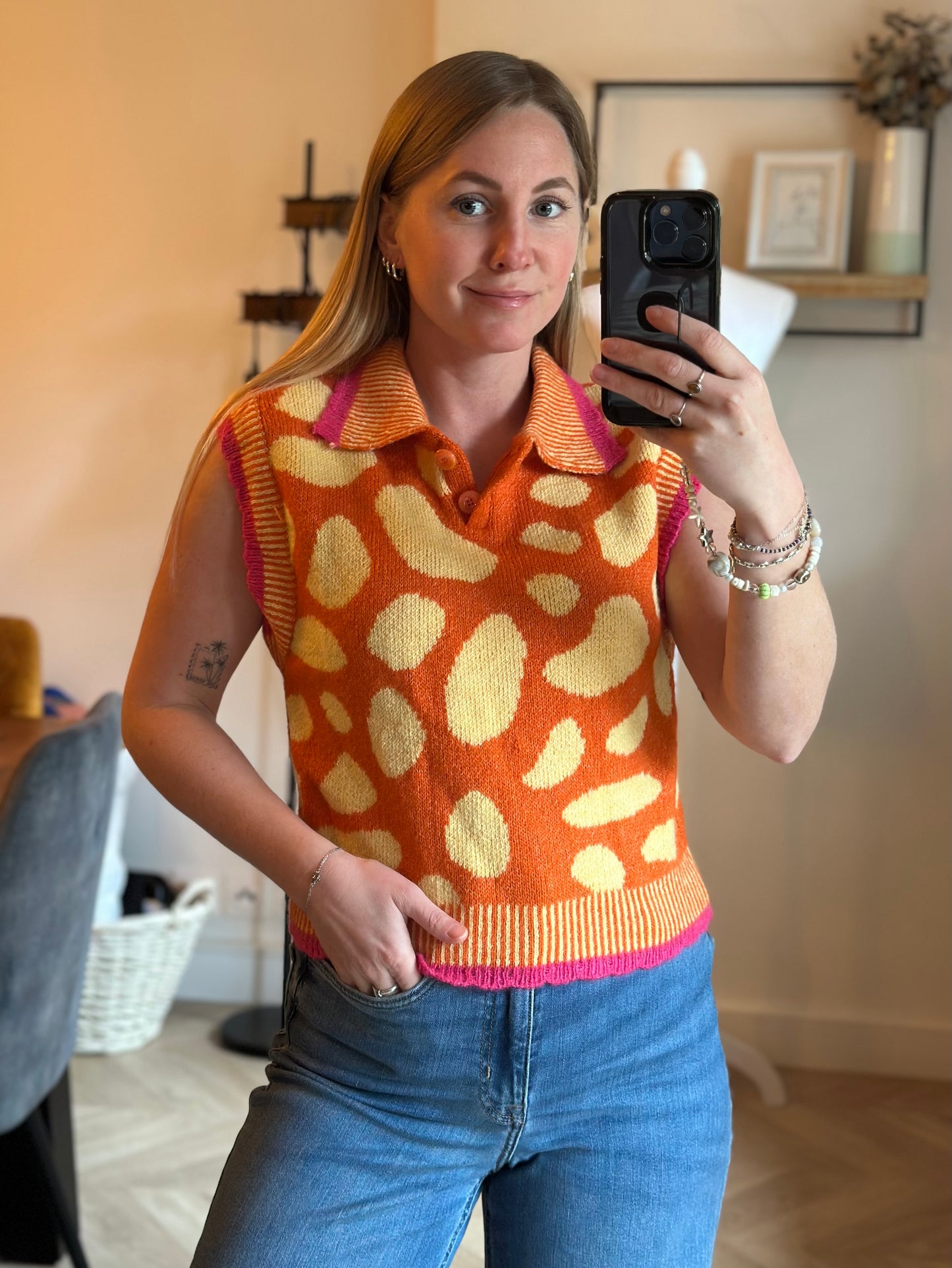 Gilet sans manches maille jacquard bohème T.38