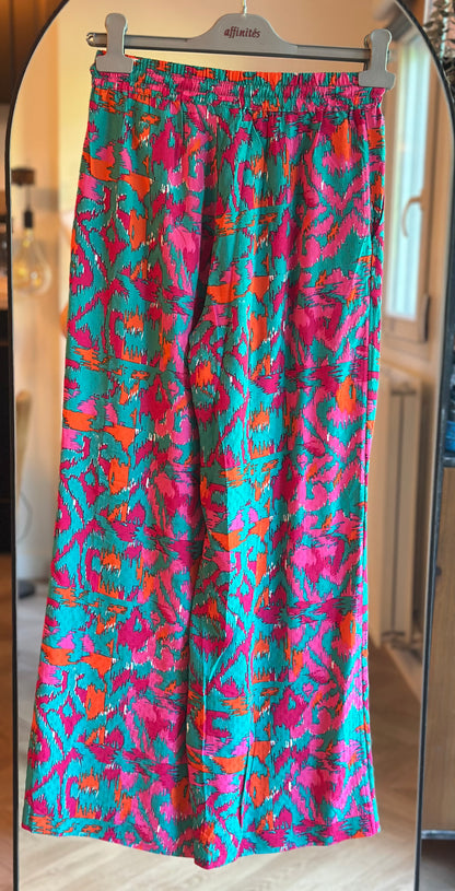 Pantalon fluide large imprimé rose et turquoise T.34 neuf