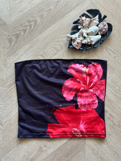 Top bustier imprimé floral noir rouge et rose – Taille S neuf