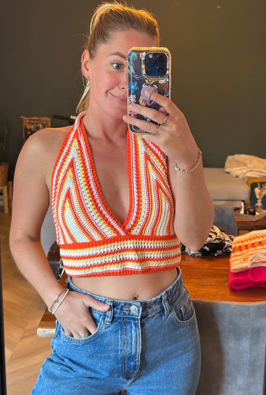 Crop top dos nu en maille brodée - T.U
