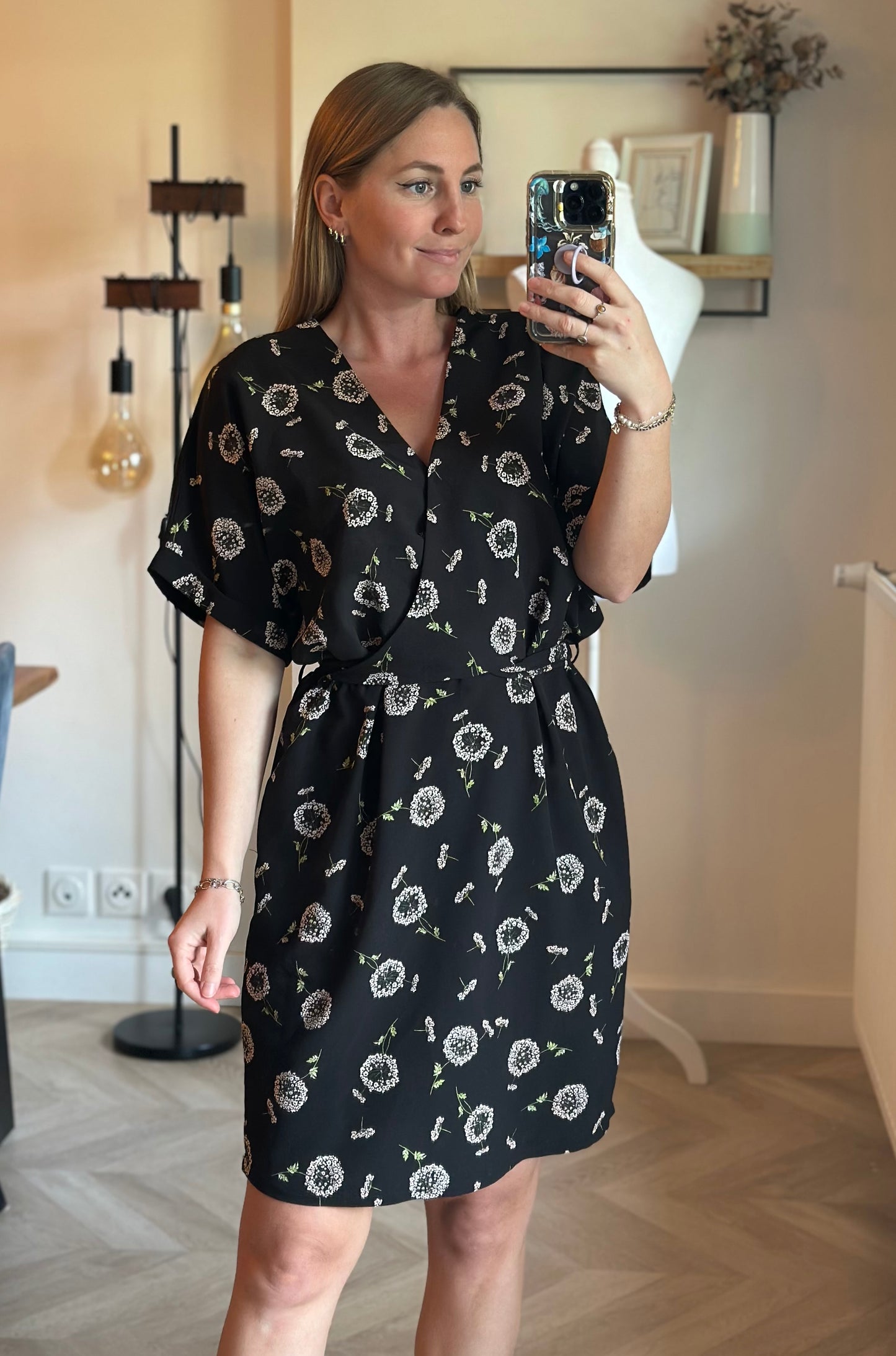 Robe portefeuille imprimé fleuri noir T.36/38
