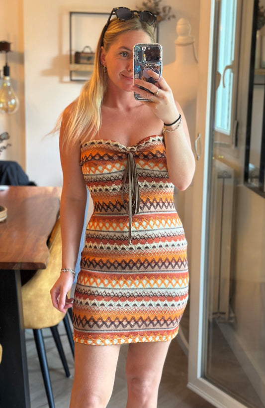 Robe bustier d’été motifs ethniques – Coloris orange & crème T.36