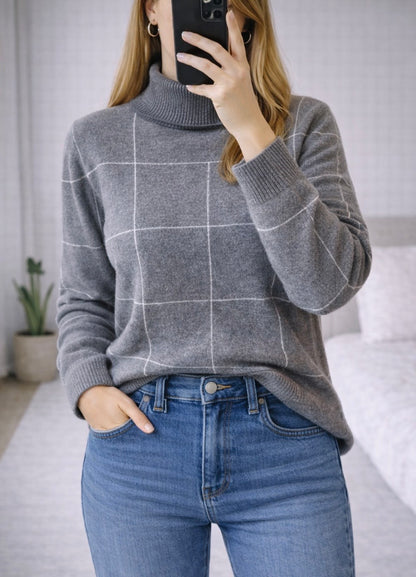 Pull col roulé à carreaux en laine mérinos et cachemire T.34