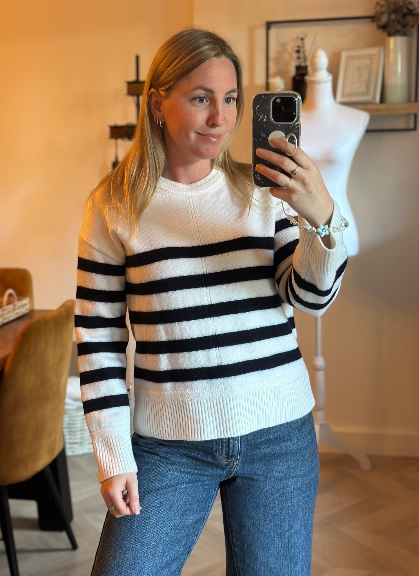 Pull marinière laine mérinos écru rayures noires modèle Bastien T.36
