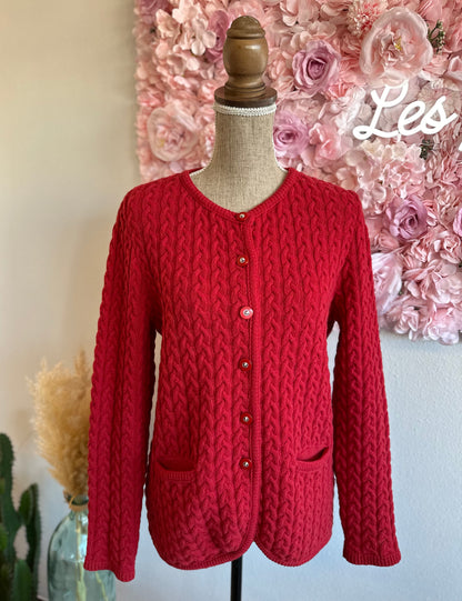 Cardigan rouge en laine, maille torsadée, Vintage T.38/40