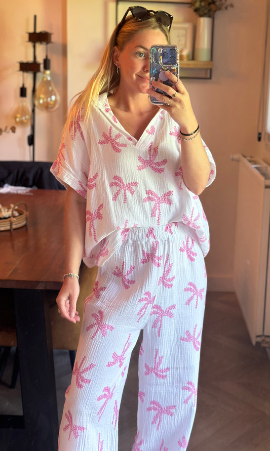 Ensemble d’été en gaze de coton blanc brodé de palmiers roses T.U