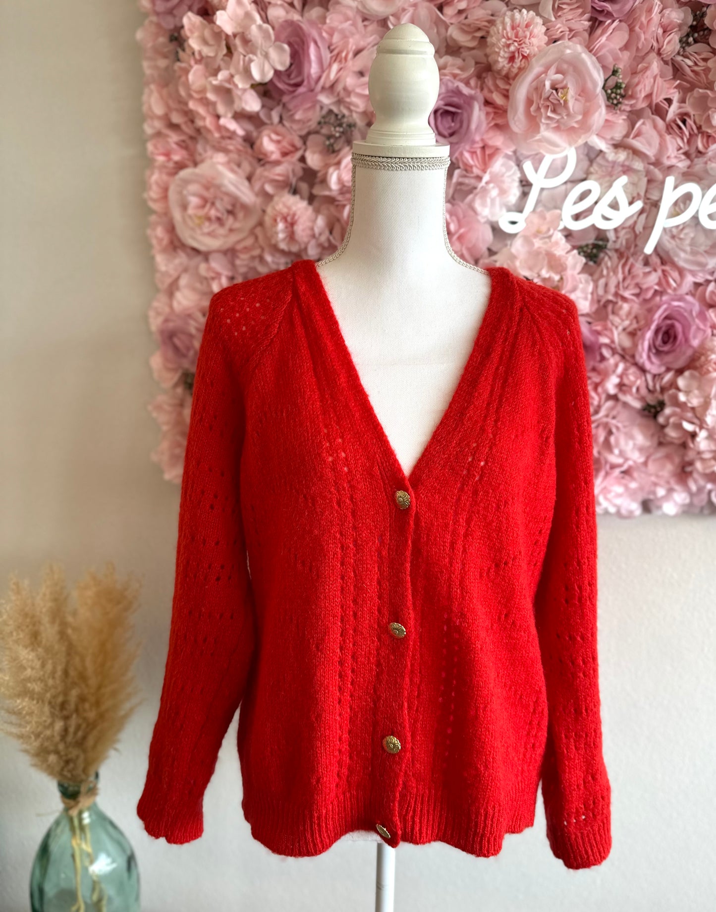 Cardigan en maille ajourée rouge mohair et laine T.U