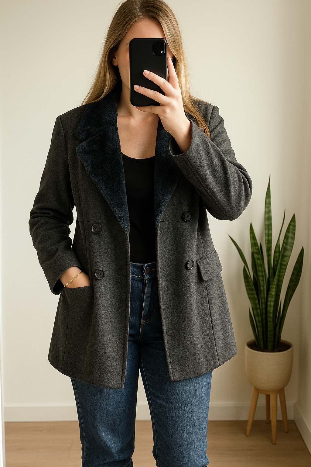 Manteau en laine gris col fausse fourrure Vintage 20s’ T.40