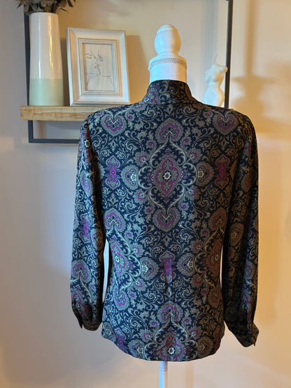 Blouse portefeuille vintage motif cachemire 100% soie T.38