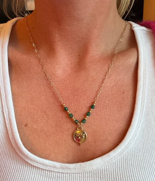 Collier doré œil protecteur & perles vertes - Acier inoxydable