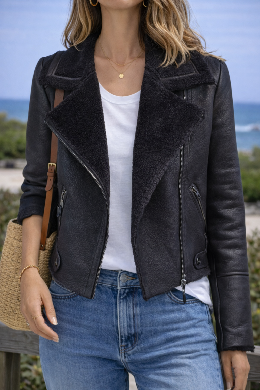Veste aviateur noire col mouton tout doux T.34