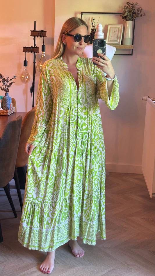 Robe longue bohème imprimé vert et blanc T.U