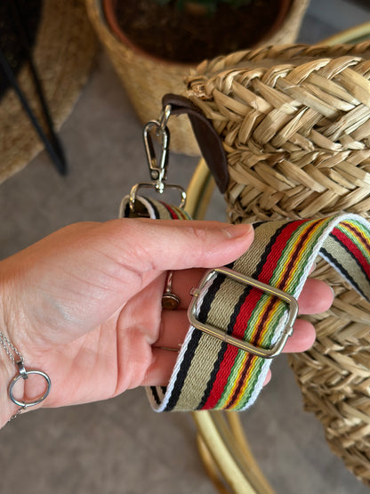 Sac panier de plage avec pompons colorés fruits brodés, anse ajustable