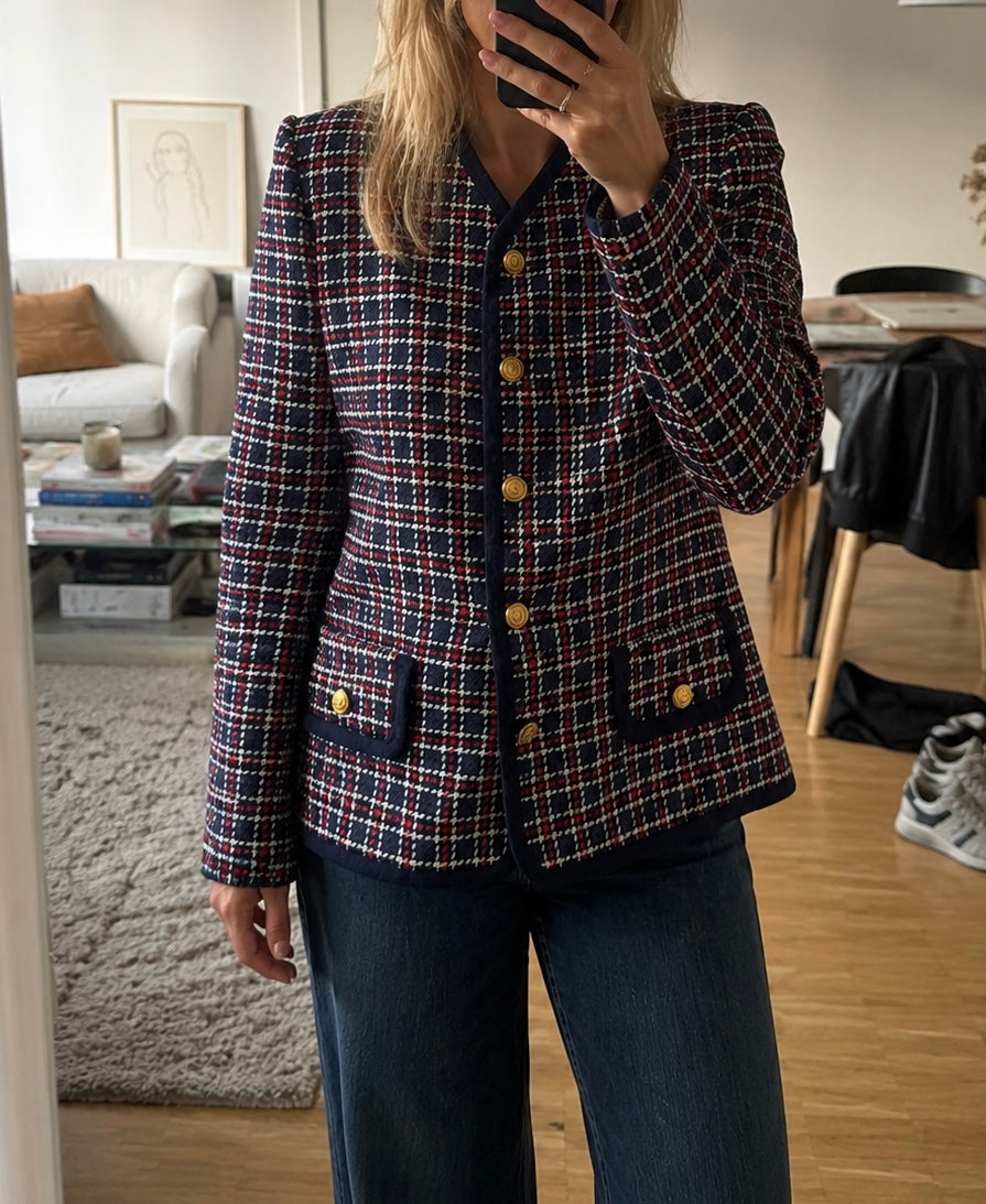 Veste vintage laine à carreaux bleu marine rouge et blanc T.42