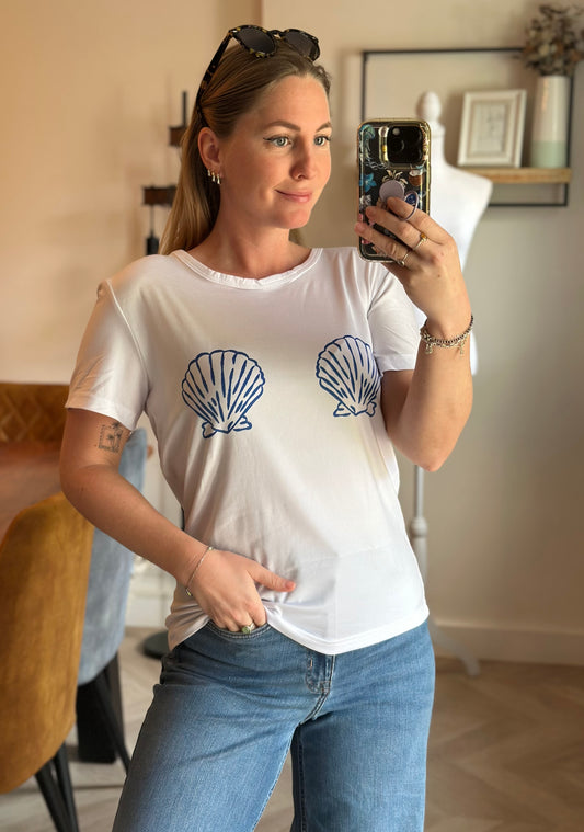 T-shirt blanc imprimé coquillages bleu T.36 neuf