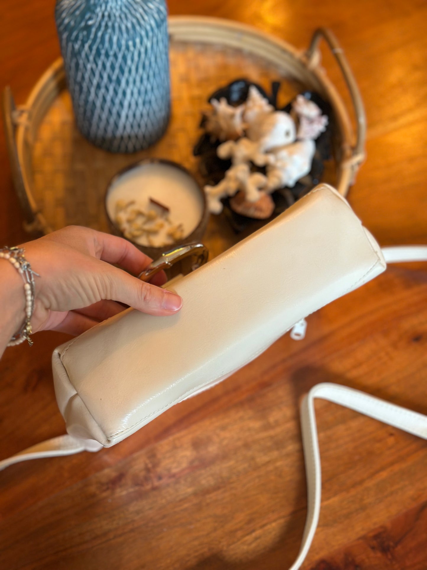 Sac bandoulière en cuir blanc crème cercle argenté – Vintage Made in France