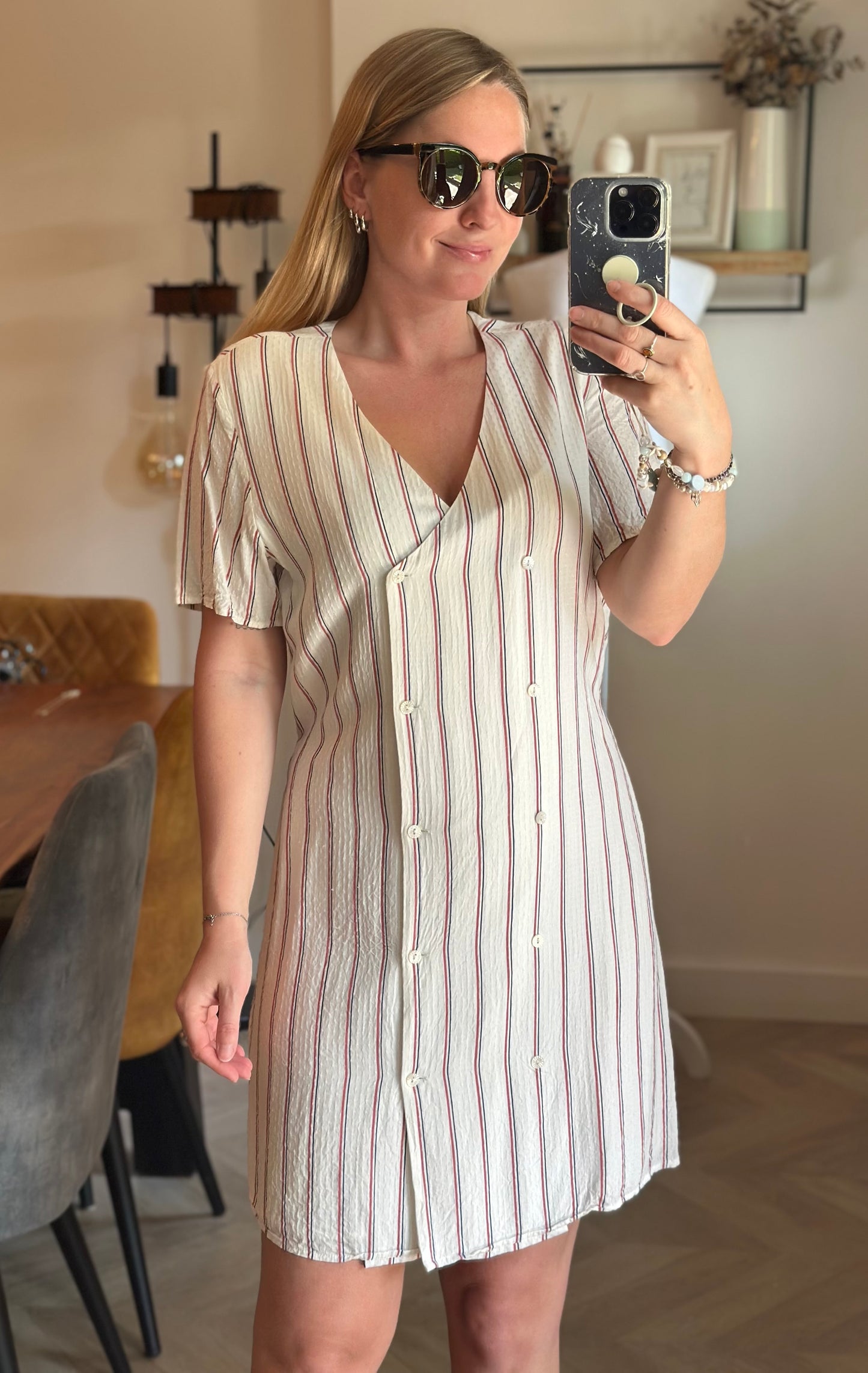 Robe rayée écrue rouge bleu en  viscose T.34